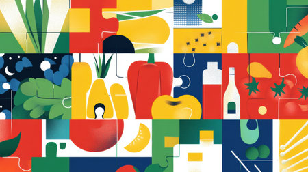 Colorful groceries arranged like a puzzle highlight the joy of shopping for fresh produce, showcasing a blend of various vibrant fruits and vegetables.の素材