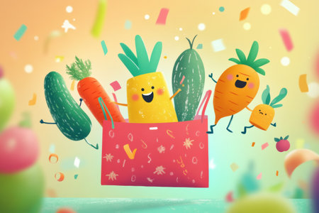 Colorful vegetables delightfully leap from a shopping bag, radiating joy and whimsy against a vibrant backdrop filled with playful confetti and colors.の素材
