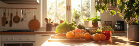 Groceries are artistically arranged on the table, with warm light streaming in, creating a welcoming feel and capturing the joy of family cooking.の素材