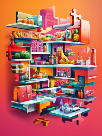 Vivid groceries come together as a puzzle, showcasing a variety of fresh produce and food items symbolizing a comprehensive shopping experience.の素材