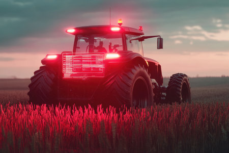 Innovative autonomous tractor utilizes advanced AI technology to cultivate a large wheat field, with a glowing digital interface visible during dusk.の素材