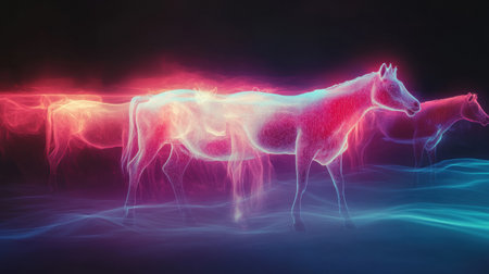 Farm animals are presented in a surreal manner, outlined by glowing energy and smooth gradients, creating a dreamlike and tranquil atmosphere that captivates.の素材