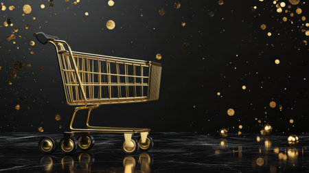 A luxurious golden grocery cart set against a black background, embodying elegance and sophistication for upscale settings.の素材