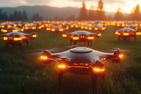 Drones equipped with glowing sensors monitor a herd of cows across a vast field during golden hour, showcasing advanced farming technology.の素材
