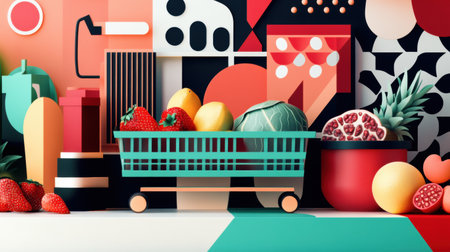 Colorful geometric shapes create a vibrant grocery shopping theme, showcasing fresh produce in an abstract arrangement, evoking modern aesthetics.の素材