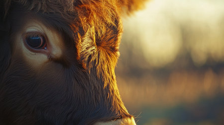 Detailed view of a cows face, showcasing soft fur textures lit by warm sunlight amidst a blurred farm background, creating an elegant rural atmosphere.の素材
