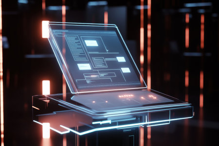 New voting tech features holographic touch screens and glowing ballot icons for a modern, efficient electoral experience.の素材