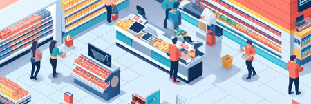 Bright and modern supermarket features customers shopping, self-checkout counters, and Instacart couriers picking up groceries efficiently.の素材