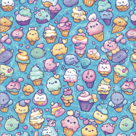 Delight in a whimsical pattern of kawaii ice cream cones, cheerful cupcakes, swirly candy, and playful donuts set against a soft pastel backdrop.の素材