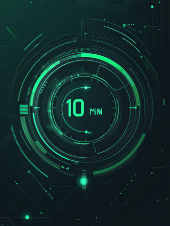 Countdown timer displaying 39;10 min delivery39; with a modern tech-inspired aesthetic, featuring bold typography and vibrant neon green details.の素材