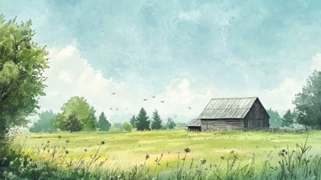 A traditional farm scene with a charming barn surrounded by lush green fields and a tranquil blue sky, evoking a sense of nostalgia.の素材