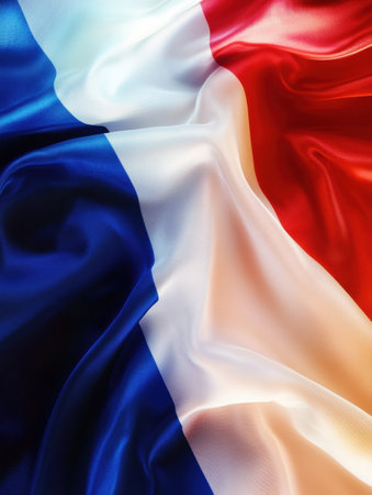 Soft natural light enhances the high-detail fabric texture of the national flag as it waves gently in the wind against a minimalistic background.の素材