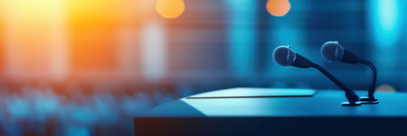 A sleek podium equipped with multiple microphones stands ready for speakers, set against a blurred audience in a dynamic event space illuminated by spotlights.の素材