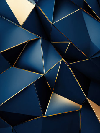 A sleek abstract background showcases geometric shapes in deep blue and gold, symbolizing political structure and contemporary artistry in design.の素材
