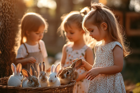 Children enjoy a delightful moment feeding rabbits in a warm, golden light on a charming rural farm, creating a friendly and inviting atmosphere.の素材
