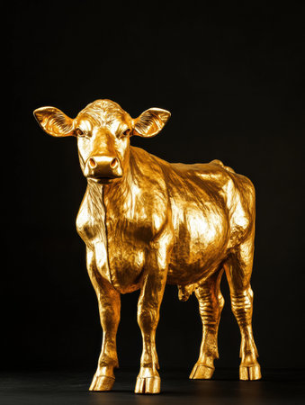 A stunning golden cow poses gracefully against an intense black backdrop, showcasing luxury and elegance in a high-contrast artistic display.の素材