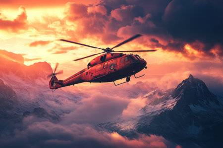 A rescue helicopter soars through dynamic clouds over towering mountains, illuminated by the warm glow of sunset, highlighting a suspenseful moment in nature.の素材