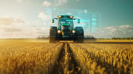 Cutting-edge tractor utilizes AI technology to cultivate a large wheat field during daylight with digital overlays enhancing its functionality.の素材