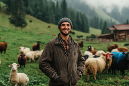 A happy farmer stands in a lush green field full of cows, sheep, and chickens under a bright blue sky, creating a warm and inviting atmosphere.の素材
