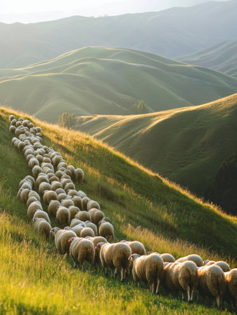 Soft morning light bathes a flock of sheep as they traverse the lush rolling hills, creating a picturesque rural landscape alive with movement.の素材
