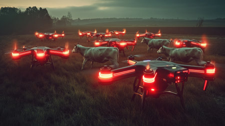 A fleet of autonomous drones equipped with glowing sensors scans a group of cows in a field at twilight, enhancing farm management efficiency.の素材