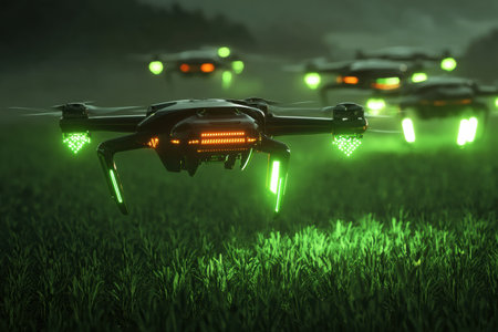 Drones with glowing sensors fly over a green field, gathering data to improve crop health and boost agricultural productivity.の素材