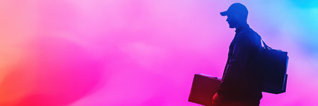 A delivery workers silhouette carries packages against a vibrant backdrop of abstract gradients and neon colors.の素材