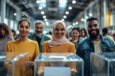 Citizens from diverse backgrounds joyfully engage in voting, fostering a warm, inclusive atmosphere of enthusiasm and community spirit.の素材