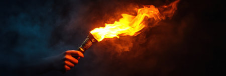 A hand holds a shimmering torch high, casting a warm glow in the darkness, symbolizing hope and guidance in a reflective moment.の素材