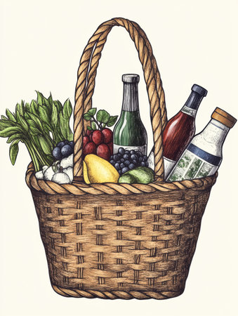Elegant illustration of a high-end grocery basket brimming with fresh fruits, vegetables, and gourmet condiments, showing an organic lifestyle.の素材
