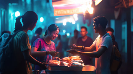Volunteers distribute food packages to families in need, creating a sense of community and hope under soft, warm lighting during the late afternoon.の素材