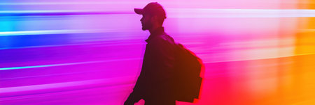 A delivery worker walks confidently through an urban environment, highlighted by a vibrant abstract background that features gradient overlays and neon colors.の素材
