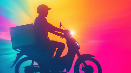 Delivery worker rides a motorcycle against a colorful abstract backdrop, showcasing bright neon gradients and soft depth effects in daylight.の素材