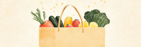 A grocery bag brimming with vibrant organic fruits and vegetables showcases a clean and eco-friendly style, making healthy living appealing and sustainable.の素材