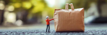 A tiny delivery worker in an orange jacket tries to lift a comically oversized grocery bag on a bustling city street in broad daylight.の素材