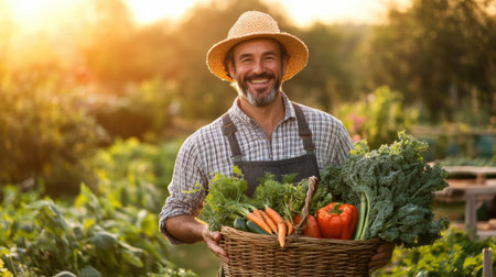 A cheerful farmer stands in a lush field, proudly displaying a large basket filled with vibrant, fresh vegetables under warm, inviting sunlight.の素材