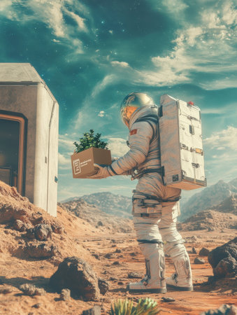 A futuristic astronaut stands on the Martian surface, holding a delivery box filled with green plants.の素材