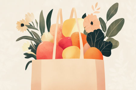 A stylish grocery bag showcases a bounty of colorful organic fruits and vegetables, complemented by delicate flowers, embodying a sustainable lifestyle.の素材