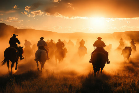 Cowboys are actively herding cattle on horseback against a stunning sunset, surrounded by rising dust and a high-energy atmosphere.の素材