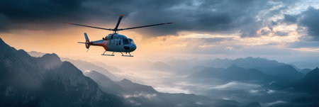A rescue helicopter navigates through rugged mountain terrain, capturing the essence of a dramatic sunset with shifting clouds and a vibrant sky.の素材