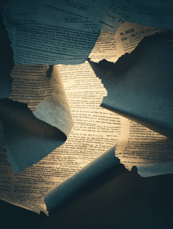 Torn political document illuminated dramatically, symbolizing the essence of change and protest in a transformative era of political discourse.の素材
