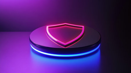 Glowing shield symbol illuminated with soft neon lights showcases a modern and digital aesthetic, embodying the theme of futuristic security and safety.の素材