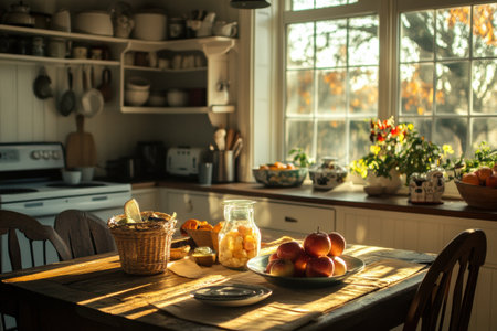 Warm sunlight fills the kitchen as fresh groceries rest on the table, creating an inviting atmosphere perfect for a family morning gathering.の素材
