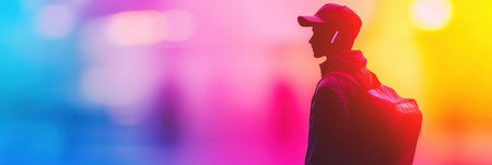 A delivery worker stands silhouetted against a vivid abstract background with gradients and neon colors, creating a dynamic and energetic atmosphere.の素材