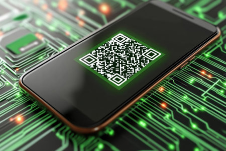 Smartphone displays QR code as it scans for grocery pickup in a sleek digital interface, showcasing advanced technology for efficient shopping.の素材