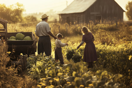 Family members work together in bright sunlight to gather fresh vegetables in a picturesque rural setting, showcasing teamwork and connection.の素材