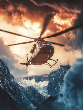 A rescue helicopter flies through rugged mountains under swirling clouds, capturing a thrilling aerial moment.の素材