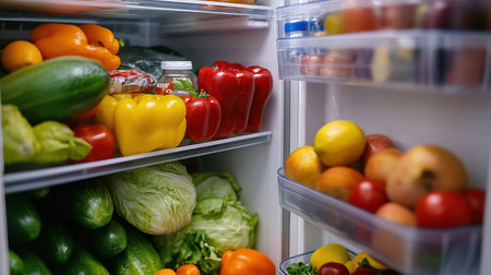 Transparent glass doors reveal a meticulously organized selection of fresh groceries in a stylish modern refrigerator, highlighting premium kitchen aesthetics.の素材