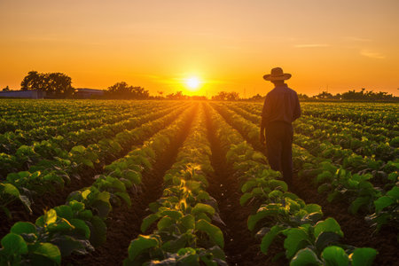 Silhouette of a farmer observing a vast field during sunrise, where golden light bathes crops in a soft, warm glow, creating a serene atmosphere.の素材