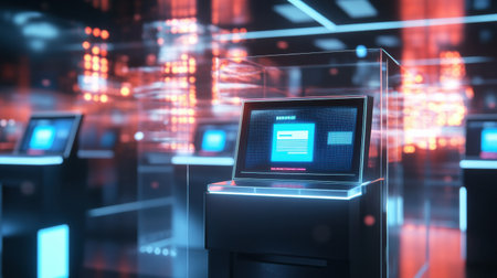 Advanced digital voting system showcases interactive touch screens and translucent UI elements illuminated by vibrant lights in a sleek environmentの素材